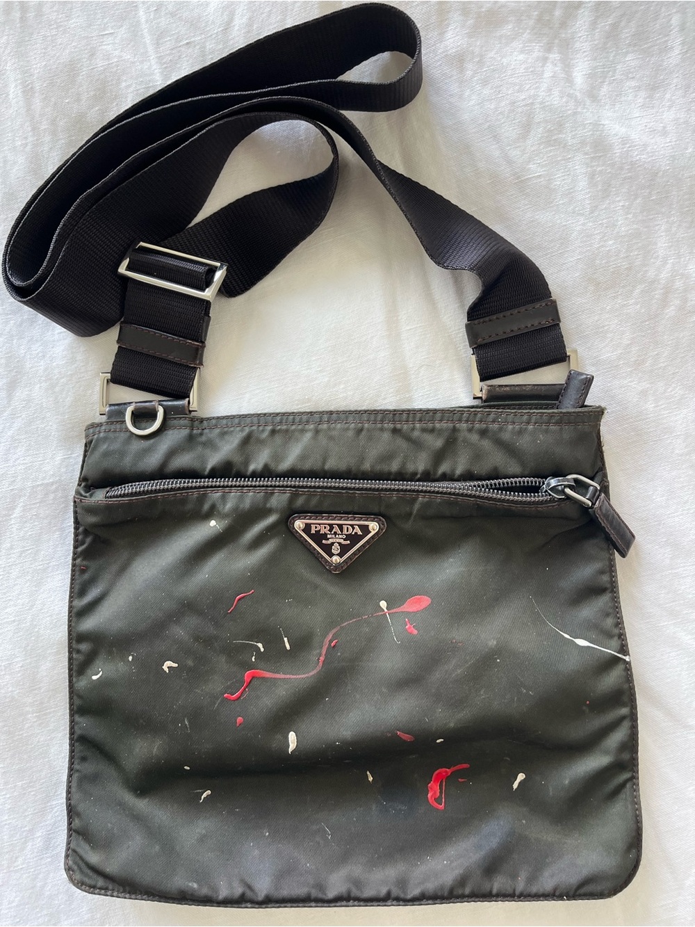 Prada messenger Nylon Crossbody Bag with Paint-Splatter Detail